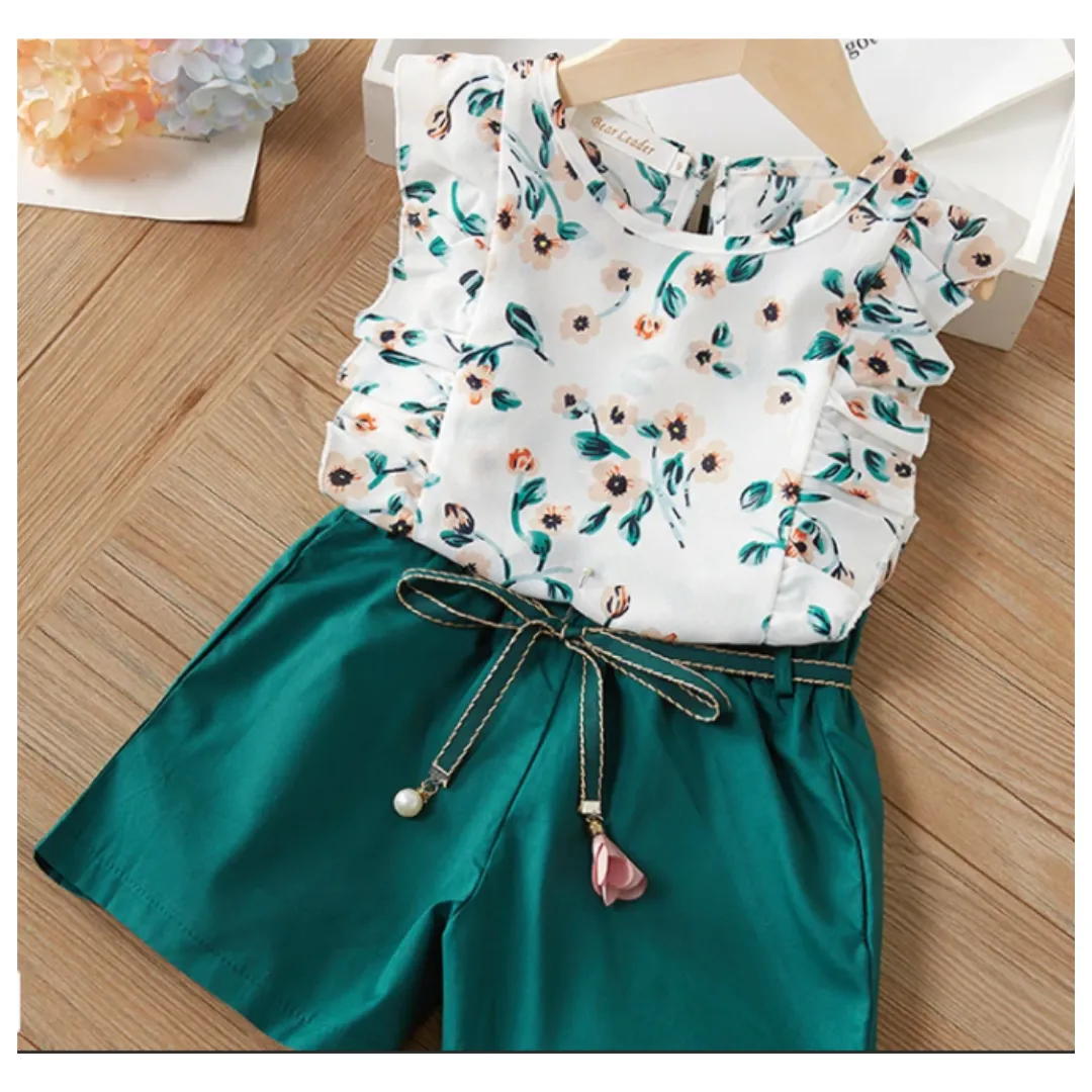 2pc Floral Top/Green Short Set