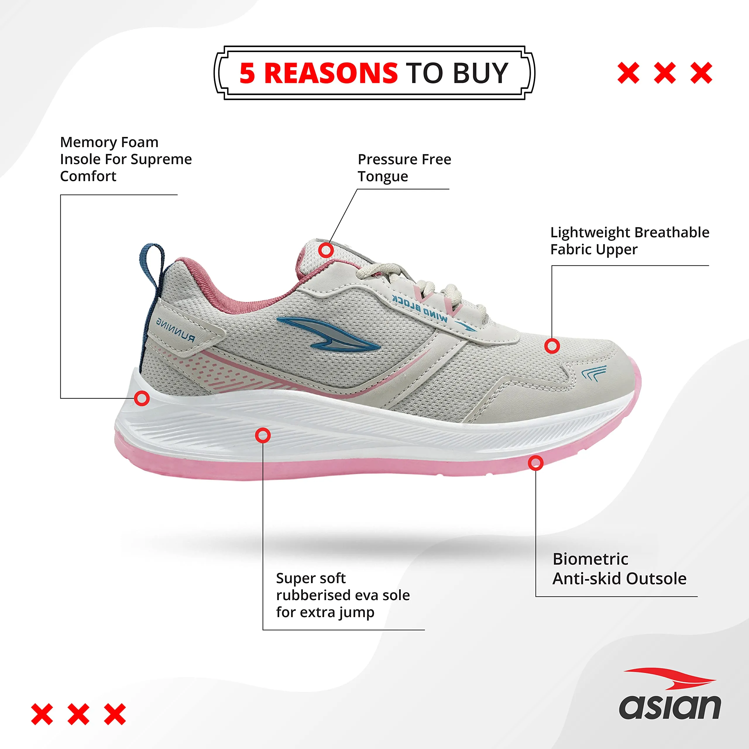 ASIAN Women's Cute Sports Running Shoes,Walking, Gym Casual Sneaker Lace-Up Shoes For Girl's Light Grey Pink 7 UK