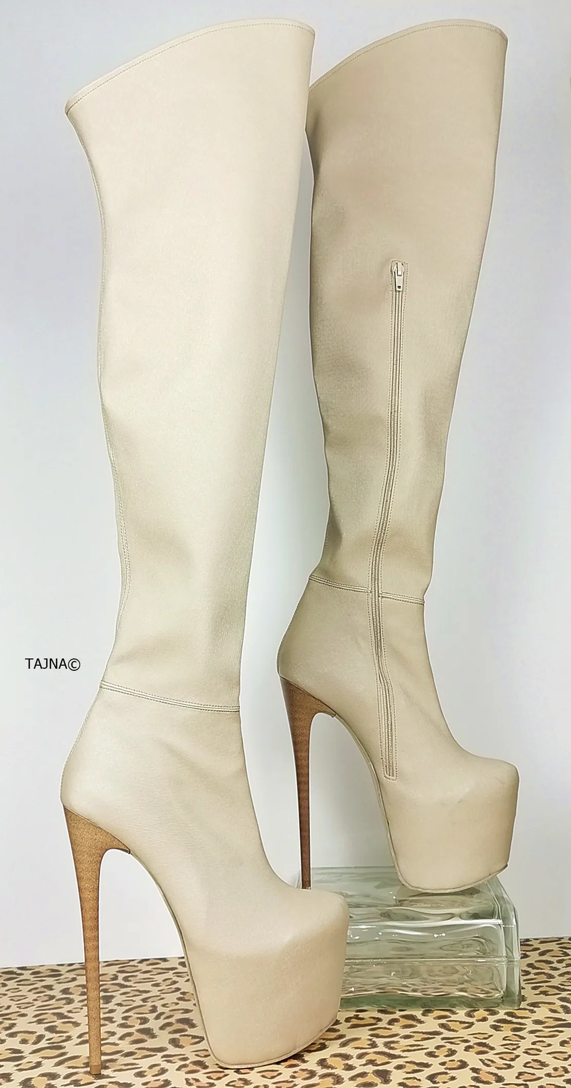 Cream Nude Thigh High Platform Boots