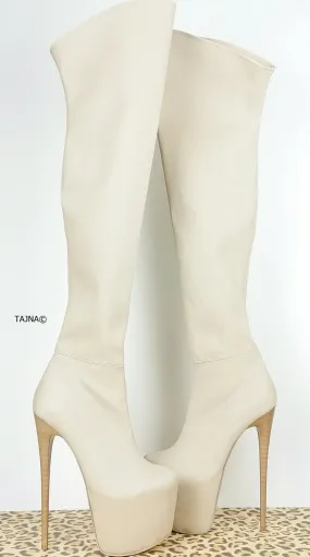 Cream Nude Thigh High Platform Boots