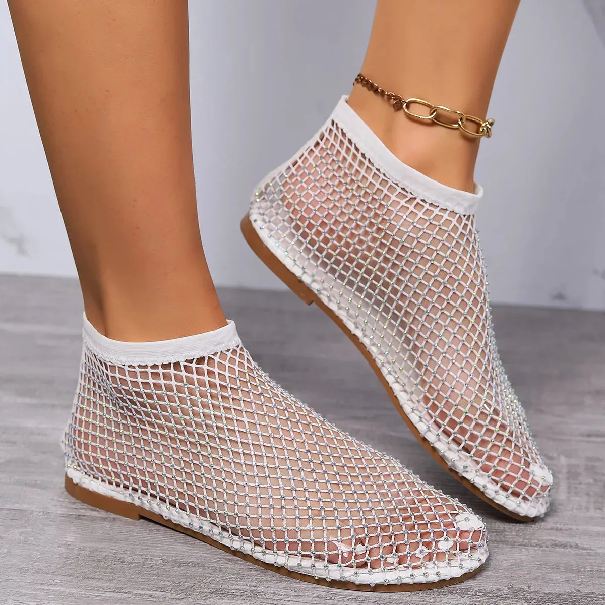 Crystal Loafers for Women Luxury Brand Designer Mesh Flats Casual Walking Shoes