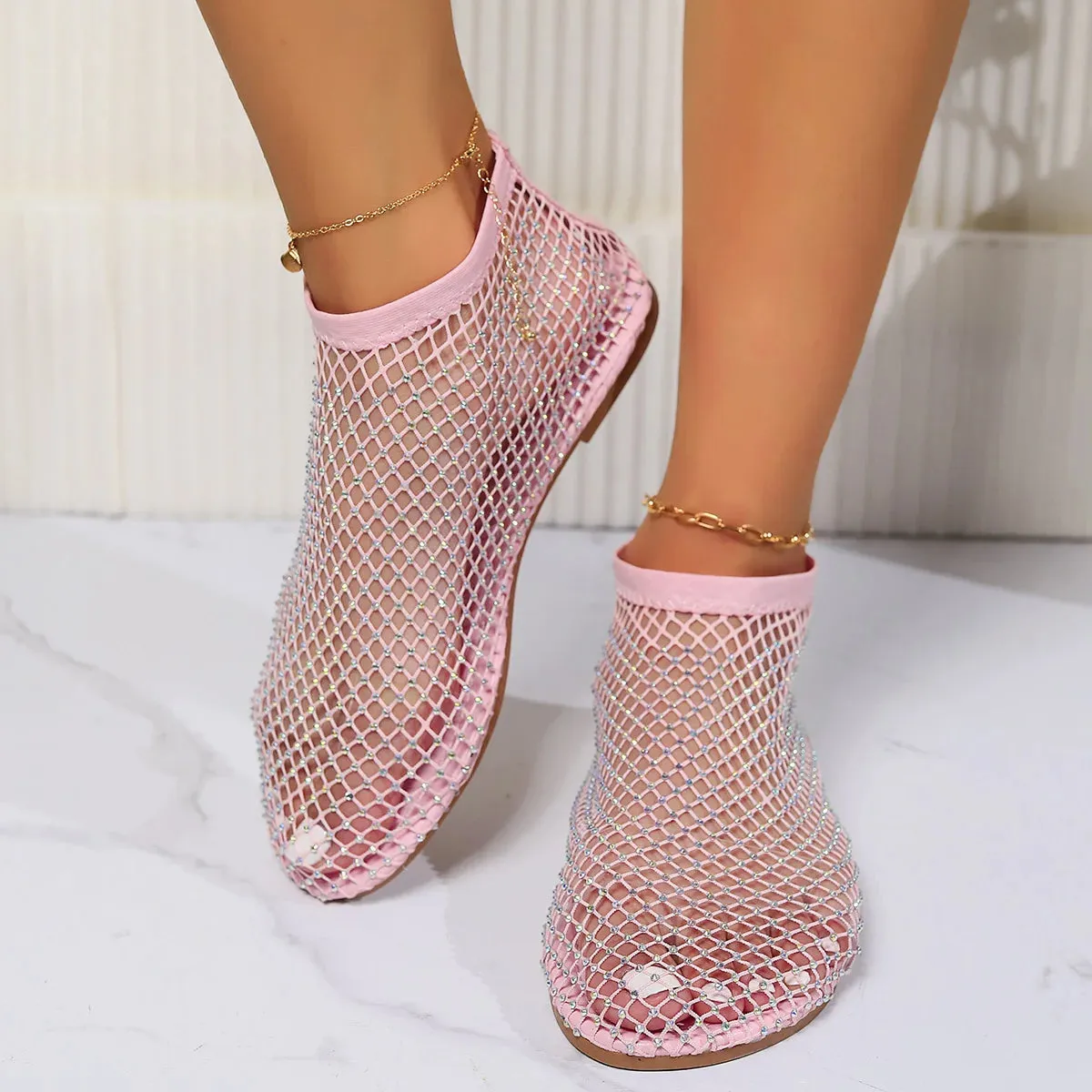 Crystal Loafers for Women Luxury Brand Designer Mesh Flats Casual Walking Shoes