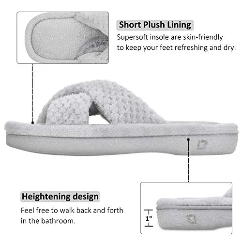 DL Women's Open Toe Cross Band Slippers, Memory Foam Slip on Home Slippers for Women with Indoor Outdoor Arch Support Rubber Sole, Gray, 9-10