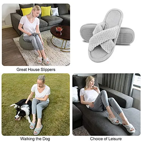 DL Women's Open Toe Cross Band Slippers, Memory Foam Slip on Home Slippers for Women with Indoor Outdoor Arch Support Rubber Sole, Gray, 9-10