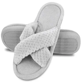 DL Women's Open Toe Cross Band Slippers, Memory Foam Slip on Home Slippers for Women with Indoor Outdoor Arch Support Rubber Sole, Gray, 9-10