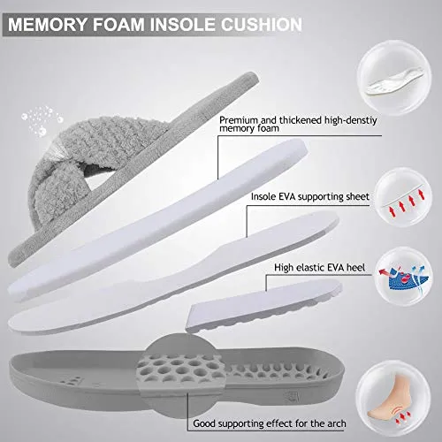 DL Women's Open Toe Cross Band Slippers, Memory Foam Slip on Home Slippers for Women with Indoor Outdoor Arch Support Rubber Sole, Gray, 9-10