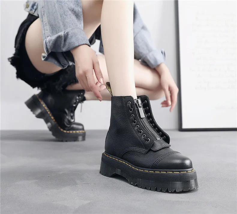 Front Zipper Chunky Heel Ankle Boots