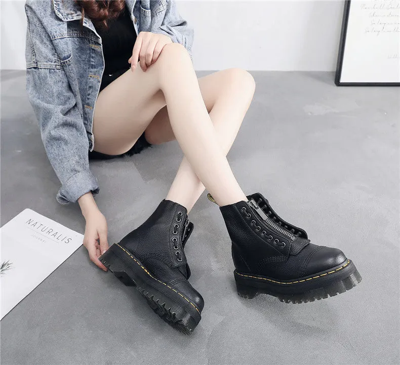 Front Zipper Chunky Heel Ankle Boots