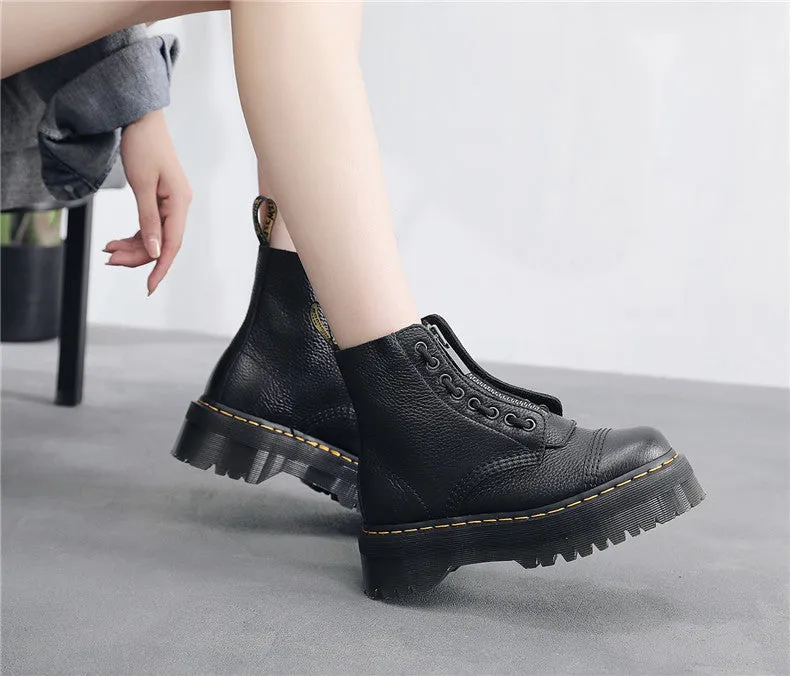 Front Zipper Chunky Heel Ankle Boots