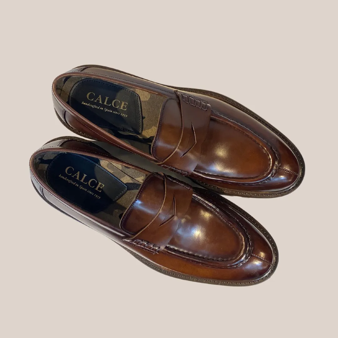 Leather Penny Loafer with Lug Sole Tread - Brown