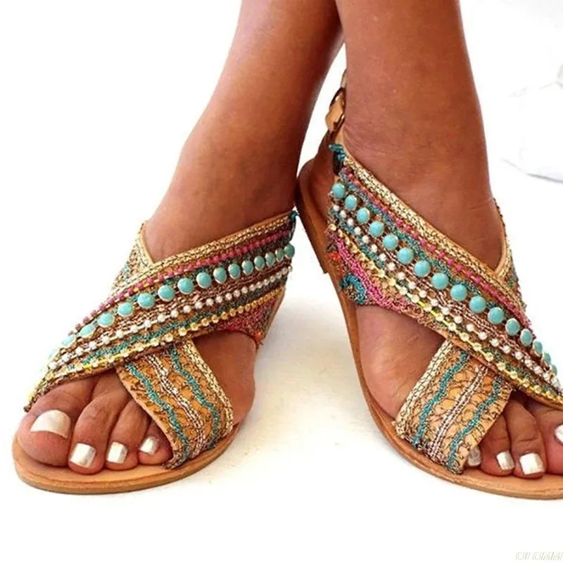Open Toe Beading Flat Sandals