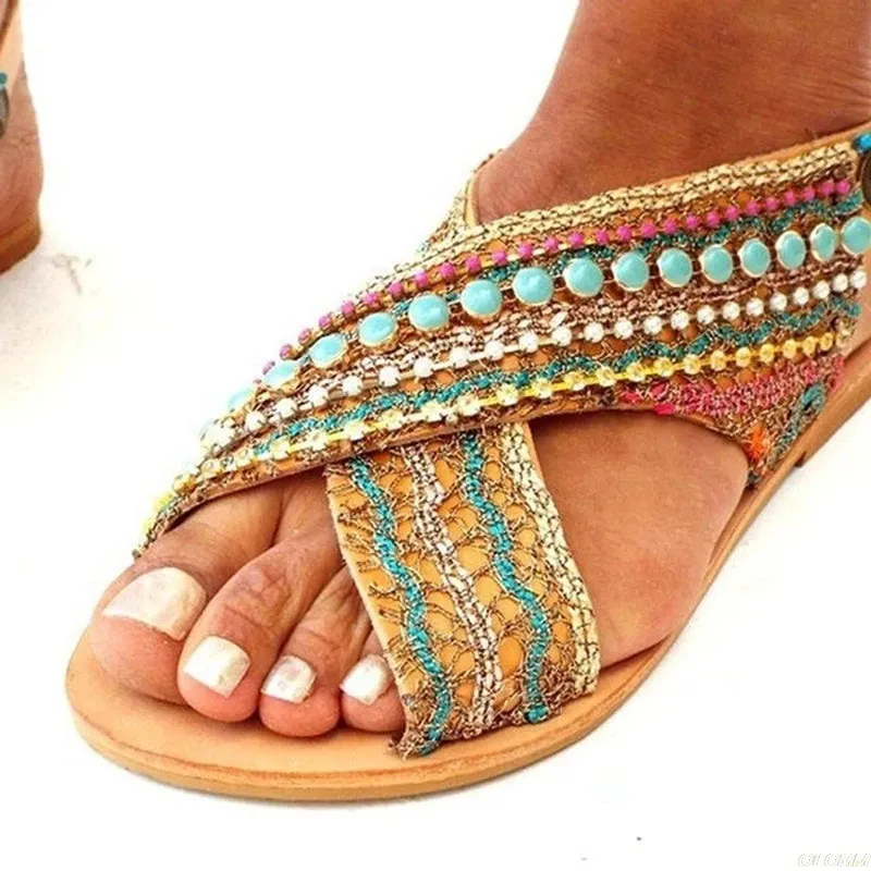 Open Toe Beading Flat Sandals
