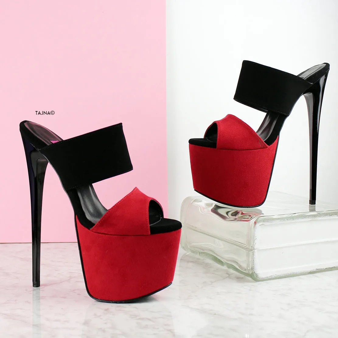 Red Black Suede Double Strap Mules