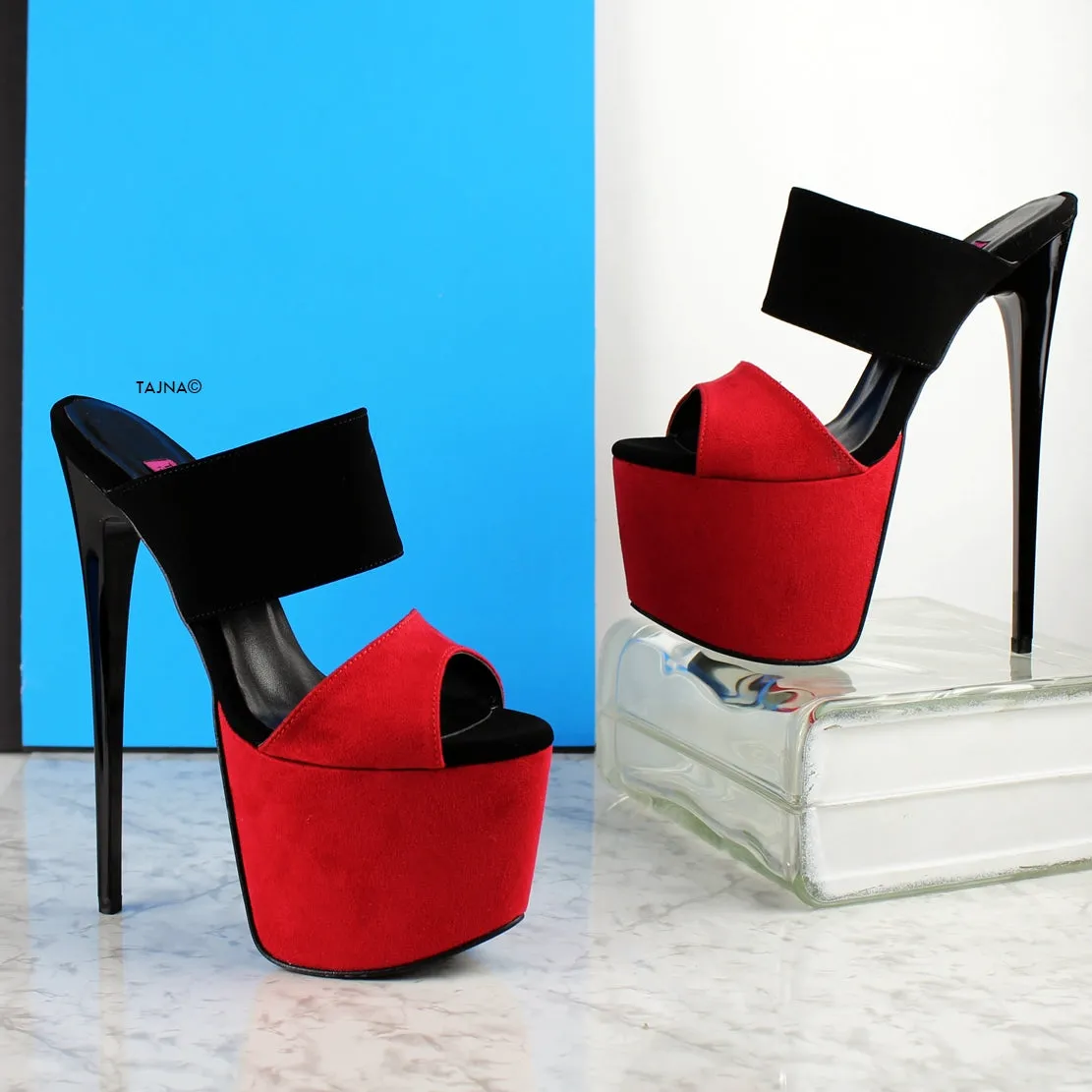 Red Black Suede Double Strap Mules