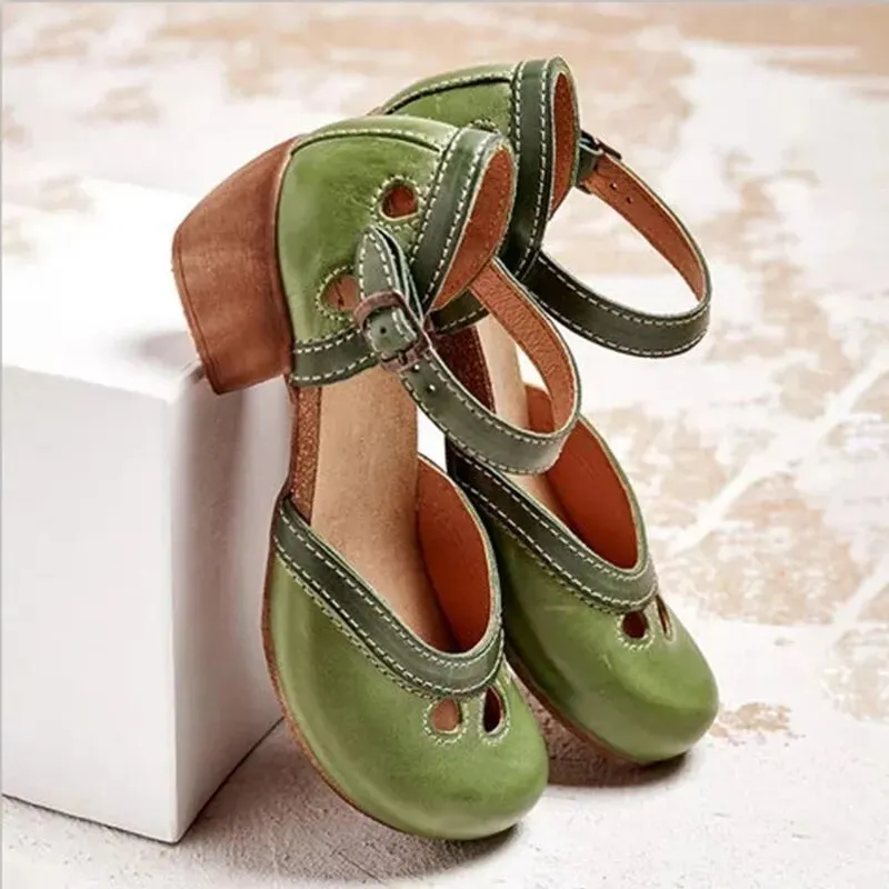 Women's Block Heel Color Matching Retro Heels  Buckle Elegant Round Toe Sandals