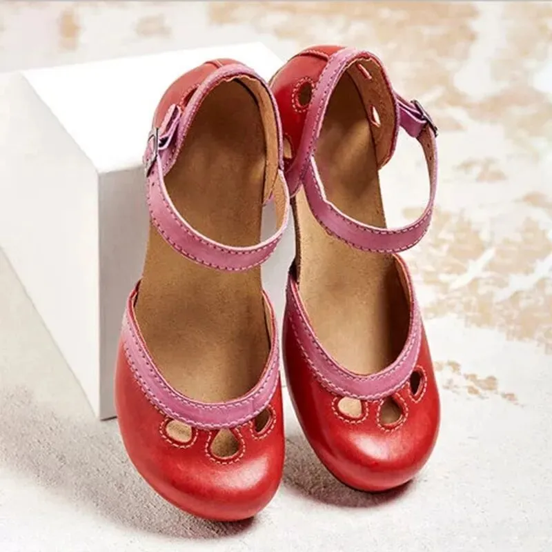 Women's Block Heel Color Matching Retro Heels  Buckle Elegant Round Toe Sandals