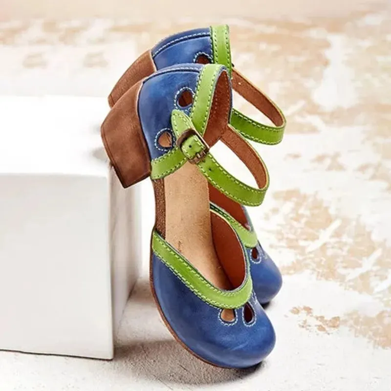 Women's Block Heel Color Matching Retro Heels  Buckle Elegant Round Toe Sandals