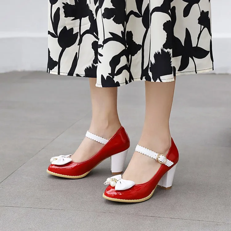 Women's vintage shoes Retro 1950s Style Lolita Patent Block Heel Cute Sweet Bow Heels