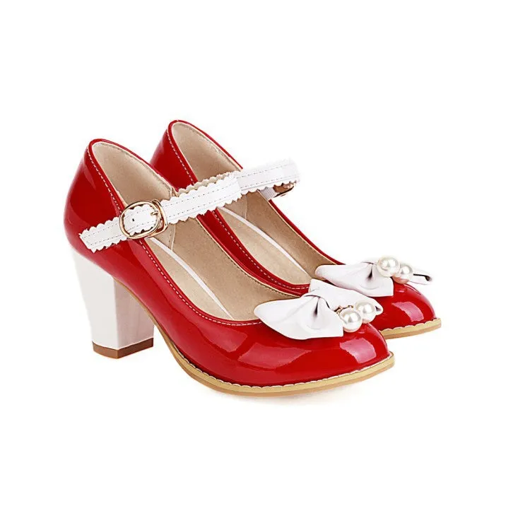Women's vintage shoes Retro 1950s Style Lolita Patent Block Heel Cute Sweet Bow Heels