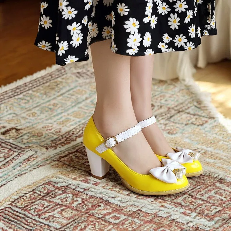 Women's vintage shoes Retro 1950s Style Lolita Patent Block Heel Cute Sweet Bow Heels