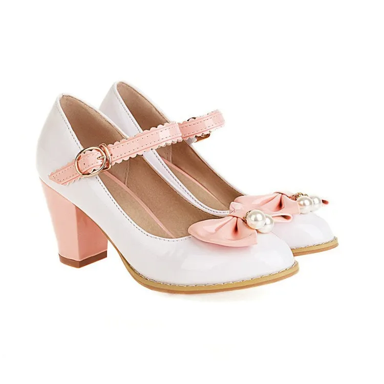 Women's vintage shoes Retro 1950s Style Lolita Patent Block Heel Cute Sweet Bow Heels