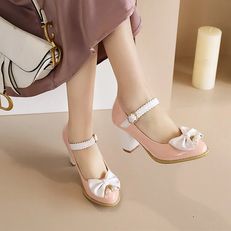 Women's vintage shoes Retro 1950s Style Lolita Patent Block Heel Cute Sweet Bow Heels