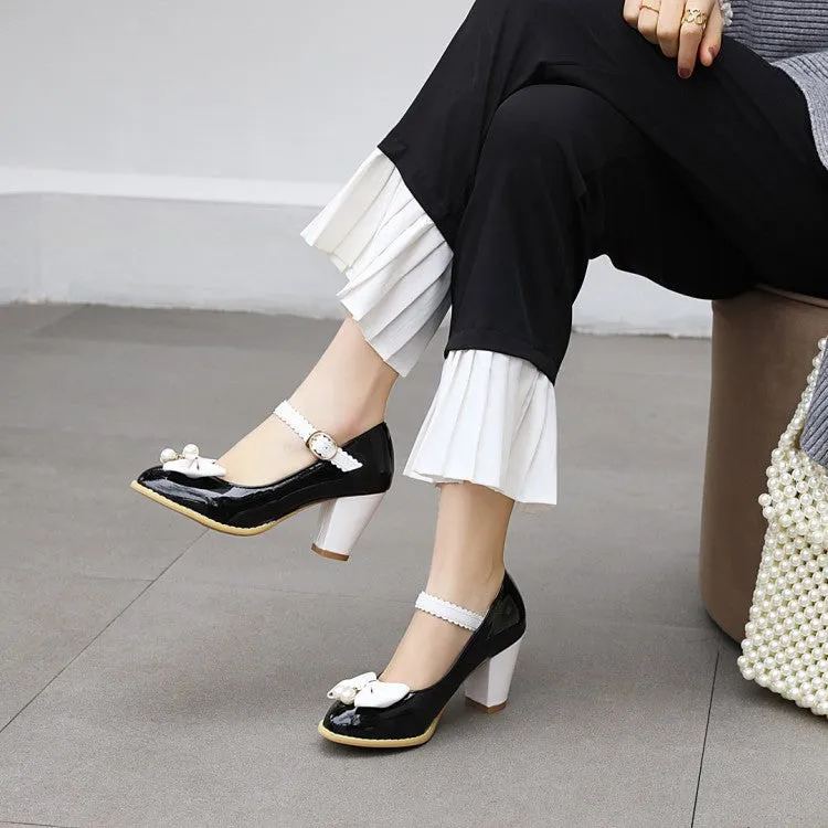Women's vintage shoes Retro 1950s Style Lolita Patent Block Heel Cute Sweet Bow Heels