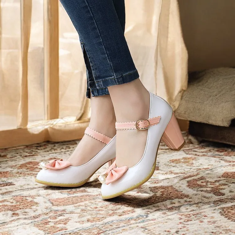 Women's vintage shoes Retro 1950s Style Lolita Patent Block Heel Cute Sweet Bow Heels