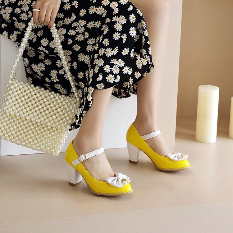Women's vintage shoes Retro 1950s Style Lolita Patent Block Heel Cute Sweet Bow Heels