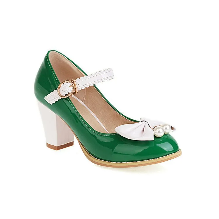 Women's vintage shoes Retro 1950s Style Lolita Patent Block Heel Cute Sweet Bow Heels